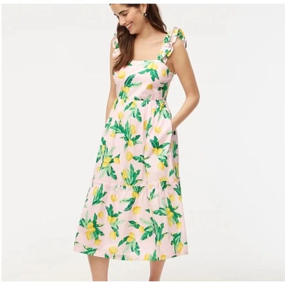 J. Crew Dresses & Skirts - NWT J CREW BK520 Pink Lemon Tiered Squareneck Midi Dress Smocked Cotton SIZE 0